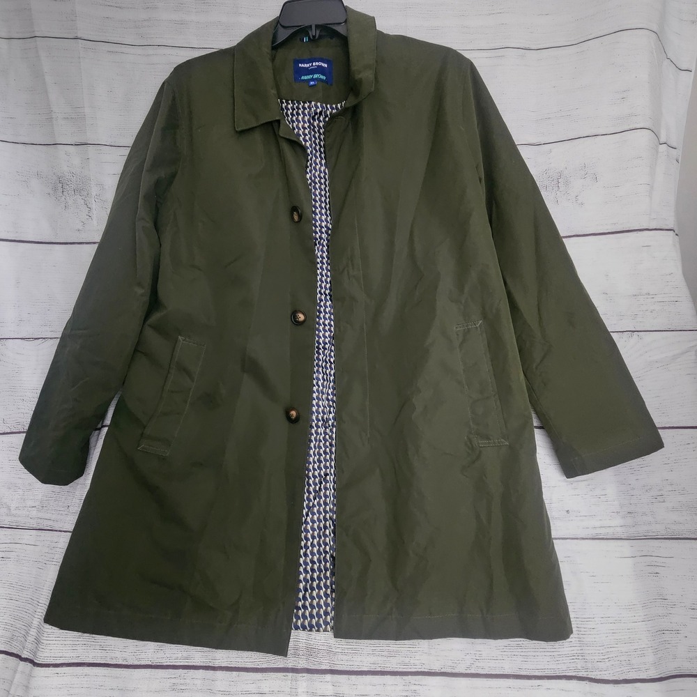 Harry Brown London XL Hip Length Button Up Rain Coat Jacket Dk Olive Green 1148